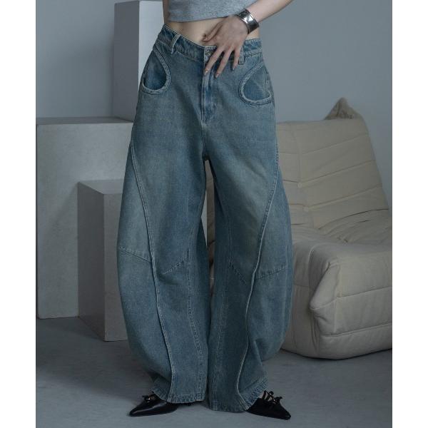 ワイドパンツ ジーンズ デニム デニムパンツ サークルポケットカーブワイドデニム レディース