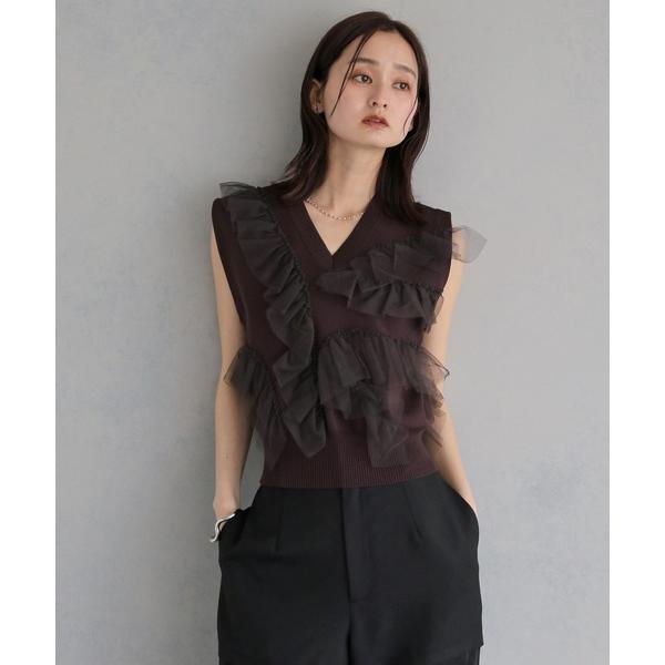 ベスト ジレ 「＆ｇ'aime 」チュールラッフルニットベスト　Tulle Ruffle Knit ...