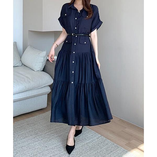 ワンピース ティアードフレアロングシャツワンピース