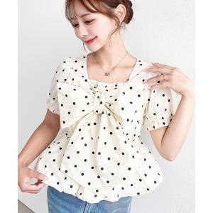 ブラウス シャツ 夏 半袖 ビッグリボンバルーンペプラムブラウス レディース