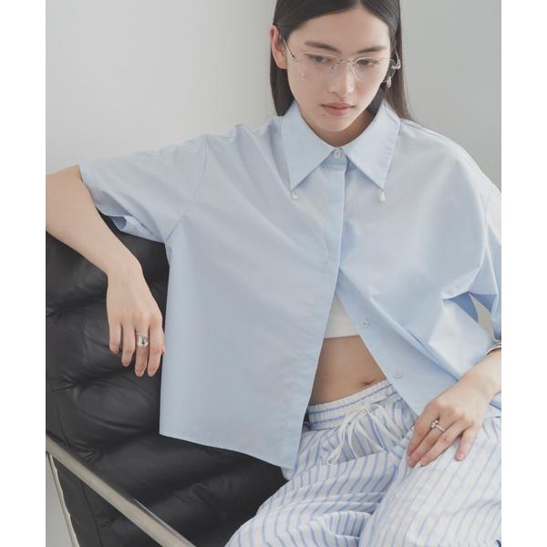 ブラウス シャツ 半袖 Purl short sleeve shirt／襟パール付き半袖シャツ レデ...