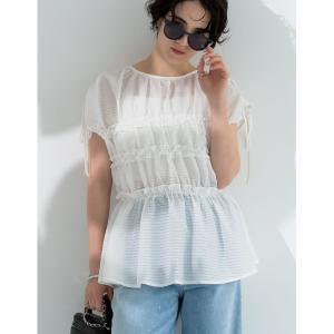 ブラウス シャツ 「2026 SUMMER COLLECTION」「MEISM by Re:EDIT」シアーギンガムシャーリングフリルペプラムブラウス