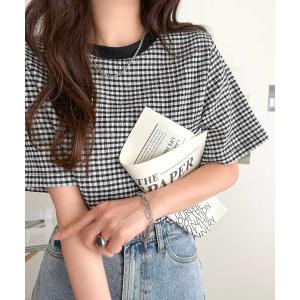 tシャツ 半袖 ぽこぽこが可愛い！ストレッチ素材シャーリングギンガムチェックトップス（半袖） レディース