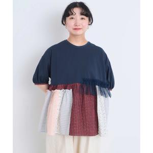 tシャツ 半袖 コラージュパッチワーク チュニックプルオーバー レディース