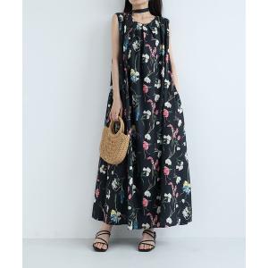 ワンピース ノースリーブ ミディ丈 花柄プリントワンピース ゆったりシルエット