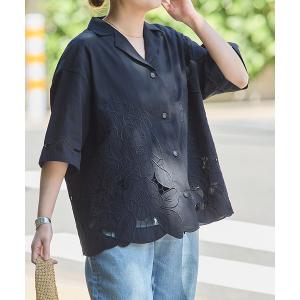 ブラウス シャツ 半袖 フラワーエンブロイダリースカラップ シャツ レディース