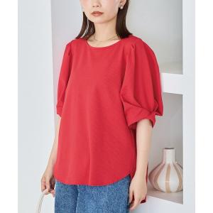 tシャツ 半袖 サッカーストライプタックスリーブブラウス｜袖まで着映える大人ブラウス/ON・OFF兼用/半袖/ボリュームスリーブ/涼しい/体型カバー