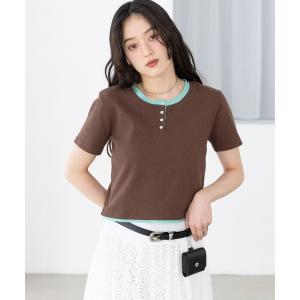 ヘンリーネック tシャツ 半袖 バイカラー/レイヤードヘンリーネックミニTシャツ レディース