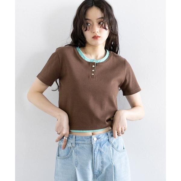 tシャツ バイカラー/レイヤードヘンリーネックミニTシャツ レディース