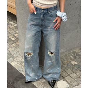 ワイドパンツ ジーンズ デニム デニムパンツ ダメージラインストーンワイドストレートデニム レディース