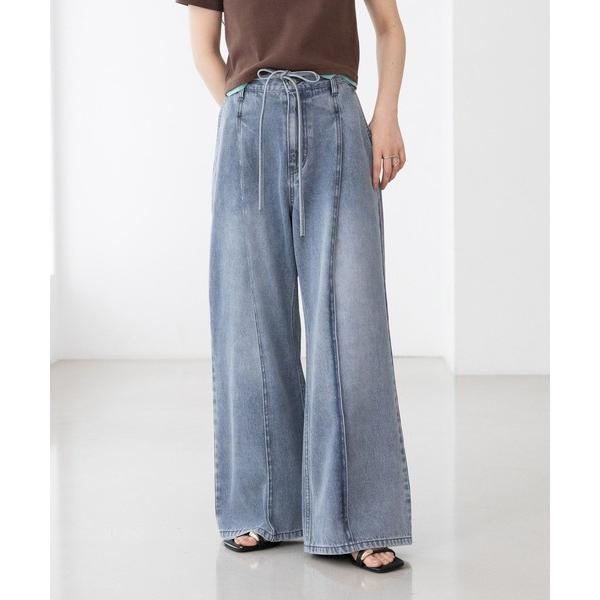 ワイドパンツ ジーンズ デニム デニムパンツ ピンタックカラーデニムワイドパンツ レディース