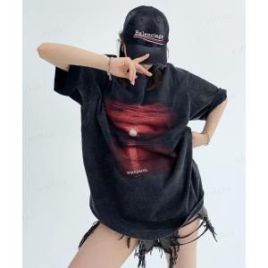 tシャツ 半袖 韓国ファッション MAOQIAOYIサンセットプリント半袖Tシャツ レディース メンズ