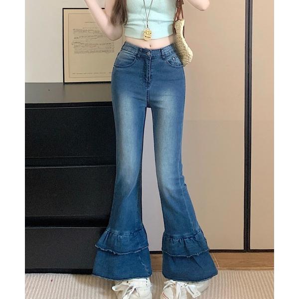 ジーンズ デニム デニムパンツ フリルヘムフレアデニムパンツ レディース