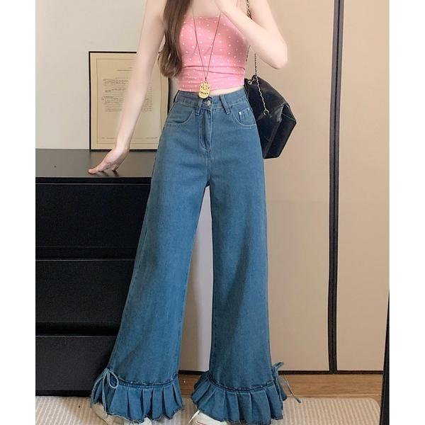ワイドパンツ ジーンズ デニム デニムパンツ リボンフリルワイドデニムパンツ レディース