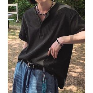 ヘンリーネック tシャツ 「NOWLE」リラックス ワッフル ヘンリーネック 半袖 Tシャツ メンズ