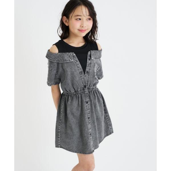 ワンピース 肩あきドッキングシャツワンピース キッズ 子供服 女の子
