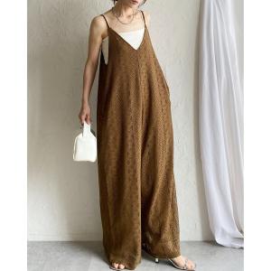 サロペット オーバーオール ラッセルレース オールインワン ワイドパンツ キャミサロペット レディース