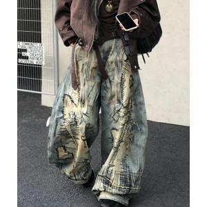 ジーンズ 「Bls」「Bling Leads」ダメージ加工プリントバレルレッグデニムパンツ メンズ レディース