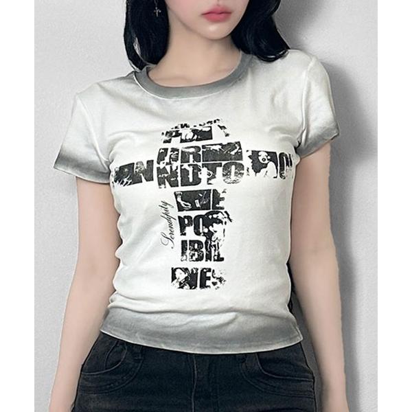 tシャツ 半袖 4color/クロスロゴヴィンテージライクTシャツ レディース