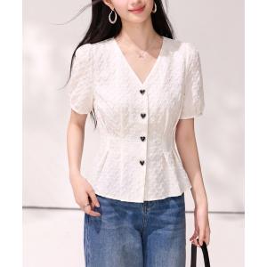 ブラウス シャツ 半袖 Vネック パフスリーブ シフォンブラウス レディース