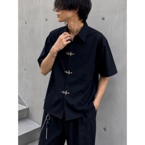 シャツ 「Bls」 「ZM」「Bling Leads」フックデザイン チャイナ半袖ドレスシャツ メンズ