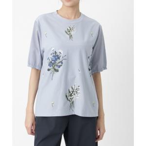 tシャツ 半袖 ローン×天竺スズランとテマリバナ刺繍カットソー レディース