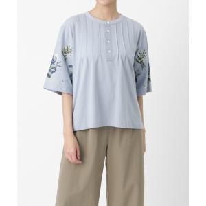 tシャツ ローン×天竺スズランとテマリバナ刺繍ピンタックカットソー レディース