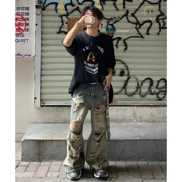 ワイドパンツ ジーンズ レトロダメージデニム メンズ