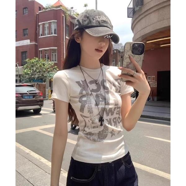 tシャツ 半袖 ヴィンテージギタープリント半袖 T シャツ レディース