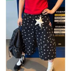 ワイドパンツ ハーフパンツ ジーンズ デニム デニムパンツ 短パン ドット柄ハーフデニムパンツ レディース