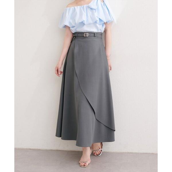 ロング スカート ゴールドバックル付きラップフレアスカート