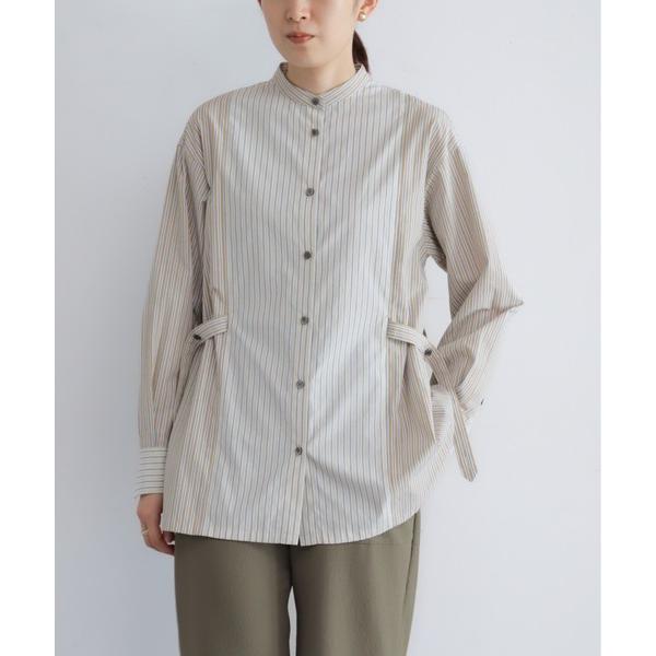 ブラウス シャツ 「予約」TCストライプコンビ　スタンドネックシャツ レディース