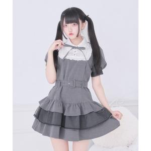 ワンピース リボン付きドットチュールティアードワンピース
