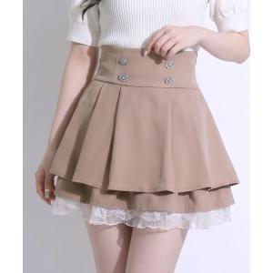 スカート 夏 ビジューボタンハイウエストタックレースフリルミニスカート「大きいサイズあり」