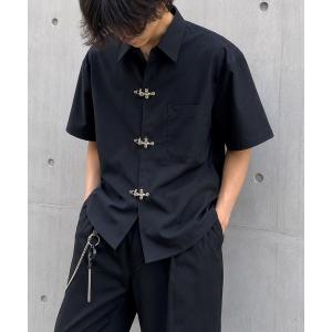 tシャツ 「Bls」 「ZM」「Bling Leads」フックデザイン チャイナ半袖ドレスシャツ メンズ