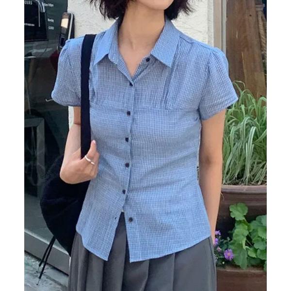 ブラウス シャツ 夏 半袖 チェック柄 半袖カラーシャツ レディース