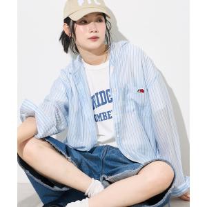 ブラウス シャツ FRUIT OF THE LOOM × FREAK'S STORE/フルーツオブザルーム 別注 シアー ストライプ フードシャツ