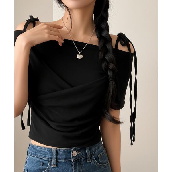 tシャツ ショルダーリボン オフショルダー カシュクール 半袖Tシャツ レディース