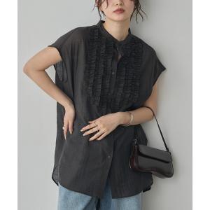 ブラウス シャツ 夏 ハイツイストスラブ フレンチスリーブフリルブラウス レディース