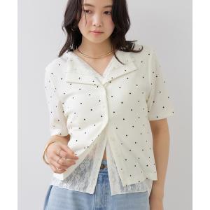 tシャツ 半袖 ドット＆無地 レースドッキングレイヤード風リブカットソー レディース