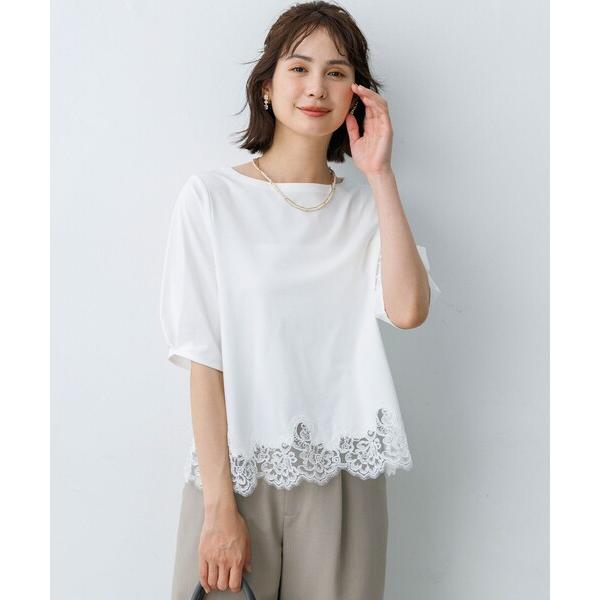 tシャツ レースコンビ ボートネック カットソー レディース