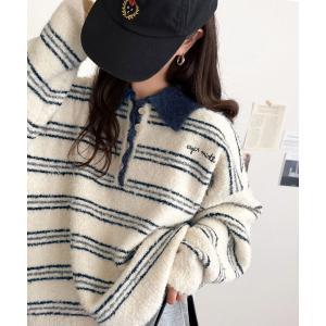 ニット セーター メンズライクに女子っぽさを。胸刺繍ブークレ配色ボーダーニットポロ（長袖） レディース