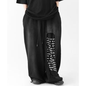 ワイドパンツ スウェットパンツ ジャージ カットオフスリット レタリング ギミックスウェット ワイドパンツ（ユニセックス メンズ レディース