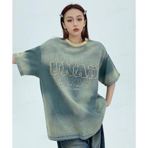 tシャツ 半袖 韓国ファッション UNAD刺繍ロゴ色落ちデニム半袖トップス レディース メンズ