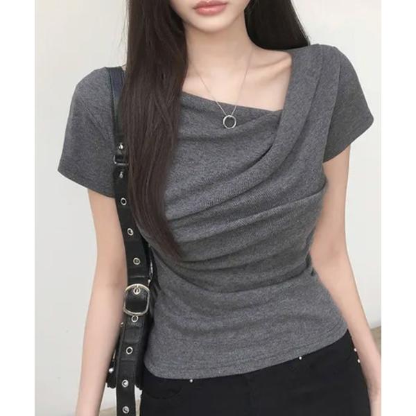 tシャツ 半袖 ドレープネック リブ 半袖トップス レディース