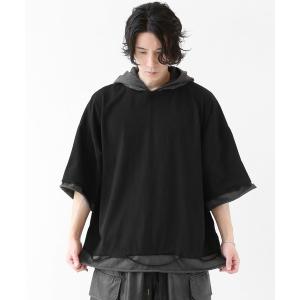tシャツ レイヤード風ドッキングデザイン 切りっぱなし 半袖 パーカー（ユニセックス） メンズ レディース