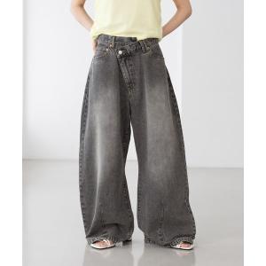 ワイドパンツ ジーンズ デニム デニムパンツ アシメウエスト/加工カーブデニムパンツ レディース