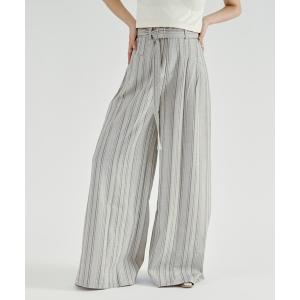ワイドパンツ スラックス パンツ Linen-feel striped pants/リネンライクストライプワイドパンツ「ベルト付き」 レディース