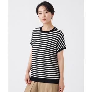 tシャツ 半袖 「ウォッシャブル・UV対策」コンフォートストレッチボーダーニットプルオーバー レディース