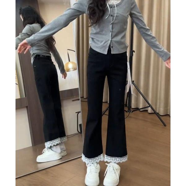 ワイドパンツ ジーンズ デニム デニムパンツ レースヘムフレアパンツ レディース